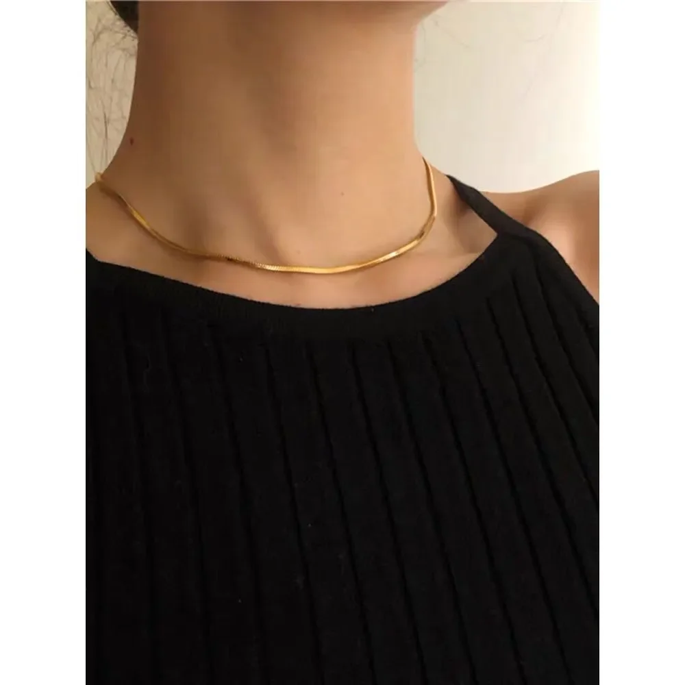 18K Thick Gold Plated Square Herringbone Chain Necklace